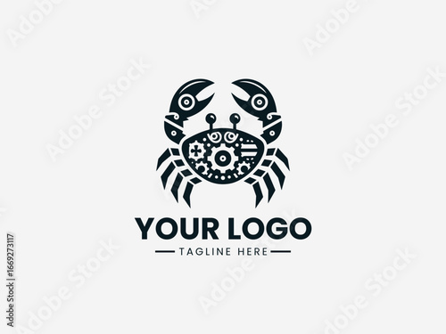 Mechanical steampunk crab with automotive parts and Victorian era details vector logo