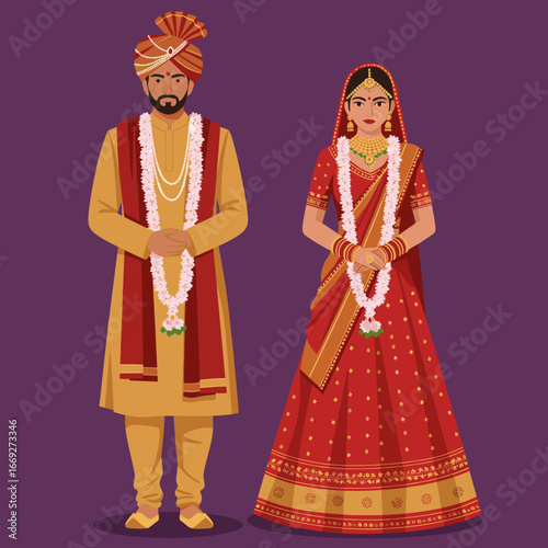 Traditional Indian Bride and Groom Wedding Vector Illustration