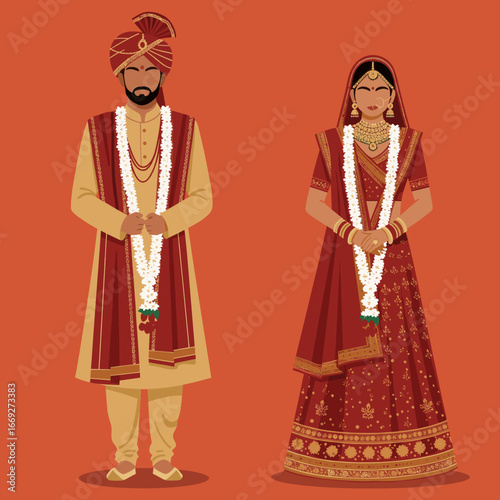 Traditional Indian Bride and Groom Wedding Vector Illustration