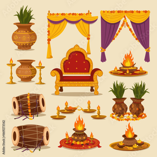 Hindu Puja Ritual Items with Traditional Decoration Vector