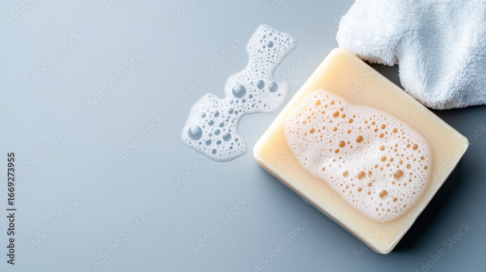custom made wallpaper toronto digitalFlat lay of bar soap with frothy bubbles, refreshing cleanliness theme on gray-blue background