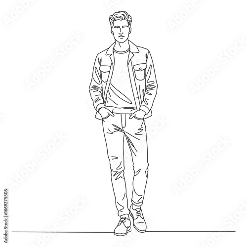 Drawing of a man standing fashion jeans jacket style outline design line art 
