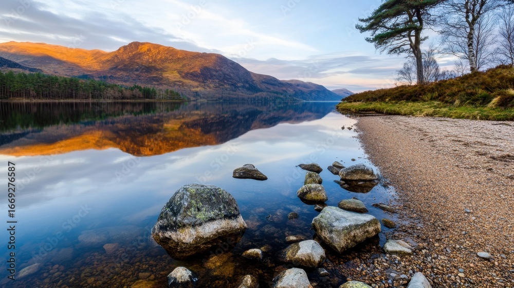Fototapeta premium Gentle dawn over a secluded lake, complete with mountain reflections and soft ambient glow