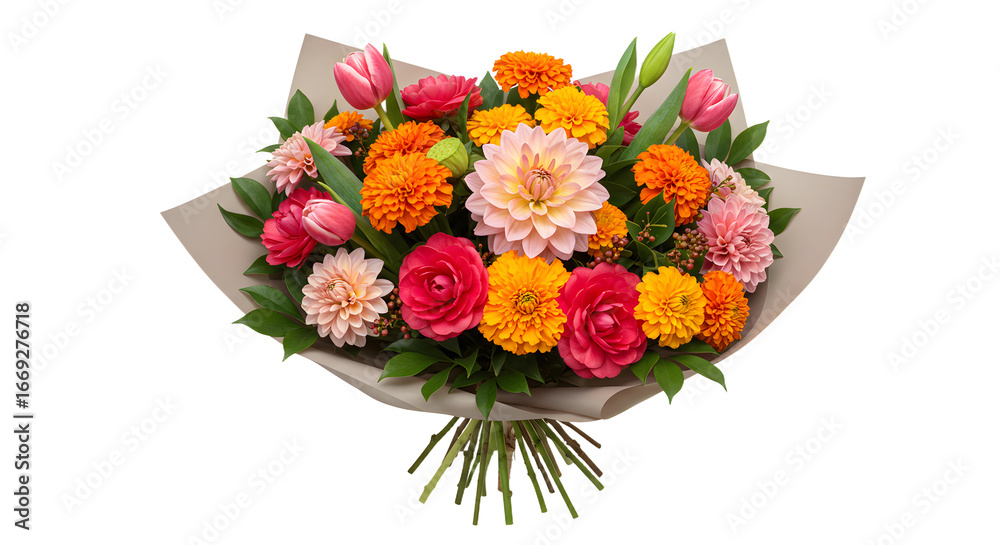 Obraz premium Colorful bouquet of mixed flowers with pink tulips, orange marigolds, red roses, and dahlias, perfect for weddings, anniversaries, and gifts