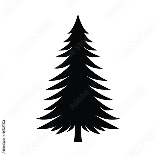 Bold silhouette of a tall pine tree on a clean white background
