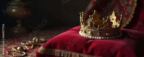 A regal crown rests on a velvet cushion, surrounded by antique jewelry and a faded tapestry, evoking a sense of bygone royal splendor and vintage elegance , gold, royal, history