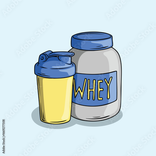 Whey Protein Supplement and Shaker Cup. Nutrition Essentials