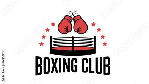 Boxing club emblem with gloves and ring isolated on white background
