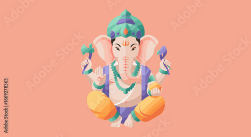 Lord Ganesha Illustration Sitting with Four Hands and Sacred Symbols