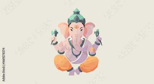 Lord Ganesha Illustration Sitting with Four Hands and Sacred Symbols