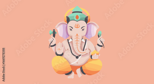Lord Ganesha Illustration Sitting with Four Hands and Sacred Symbols
