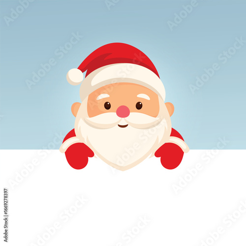 Christmas greeting card: Santa Claus peeking out, space for text on a white banner, vector illustration