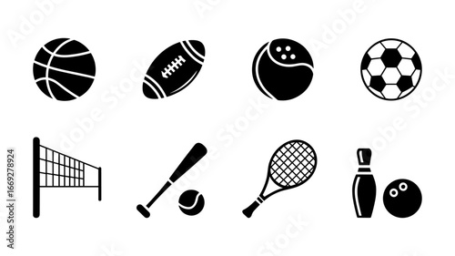 Collection of sports equipment icons isolated on white background