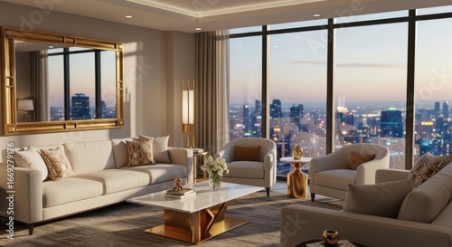 Luxurious Living Room with Cityscape View at Sunset Offers Serene Ambiance