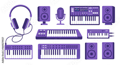 Music Studio Equipment with Microphone Headphones and Keyboards