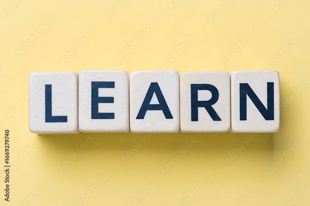 Obraz premium White blocks spelling LEARN in dark blue letters on a yellow background learn learning