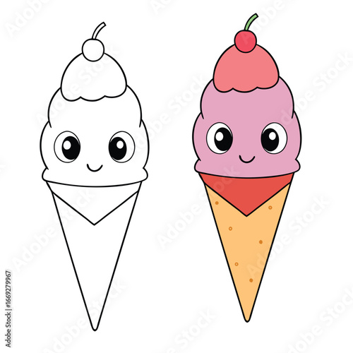 A cute ice cream cone coloring page featuring a smiling scoop on a crispy cone. Fun and playful design, perfect for kids to color and enjoy sweet creativity!
