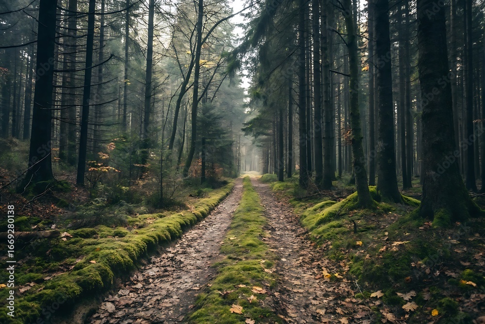 Obraz premium Path through a dark and moody evergreen forest