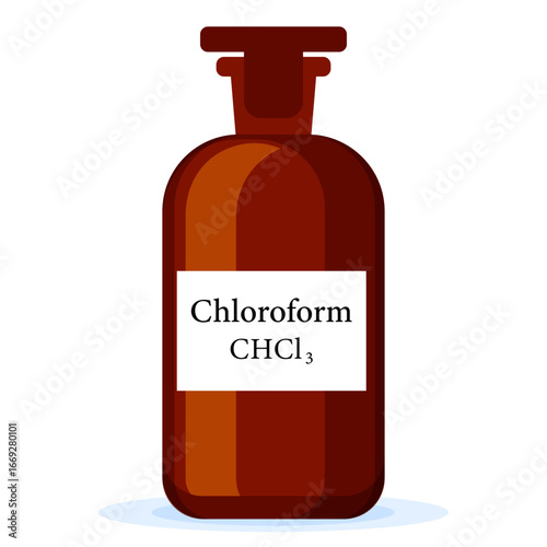 Chemical bottle with label "Chloroform ". Glass container with chloroform. Laboratory reagent.