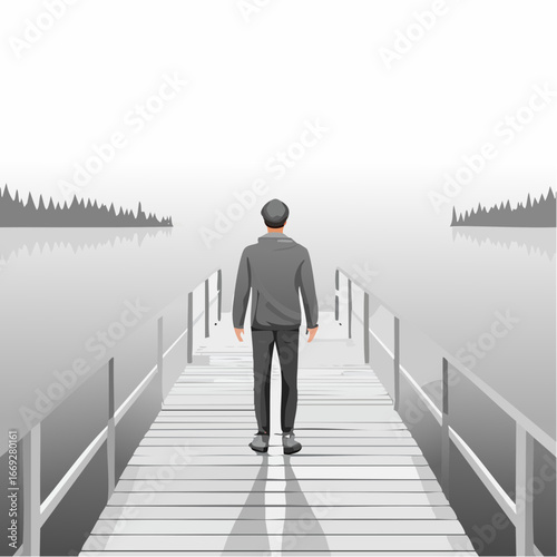 Man in gray attire stands on wooden pier overlooking tranquil water, surrounded by misty autumn landscape, evoking a serene autumn vibe and contemplative mood