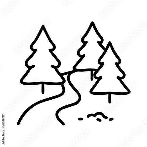 Line drawing of pine trees and winding path in a forest  