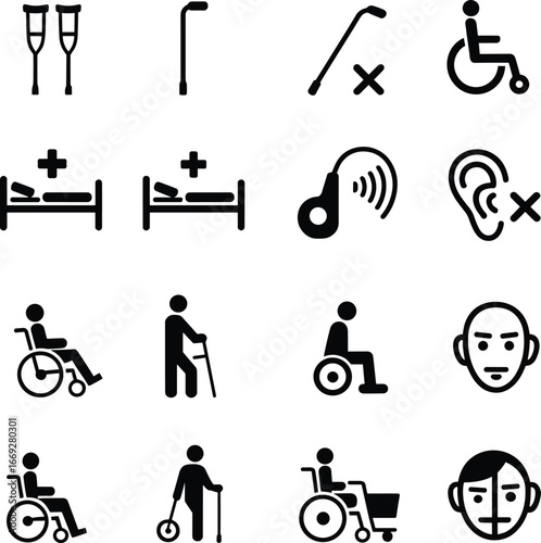 Accessibility icons, disability support symbols, wheelchair user, crutches cane, hospital bed, hearing loss, healthcare design, medical aid, patient care, inclusive