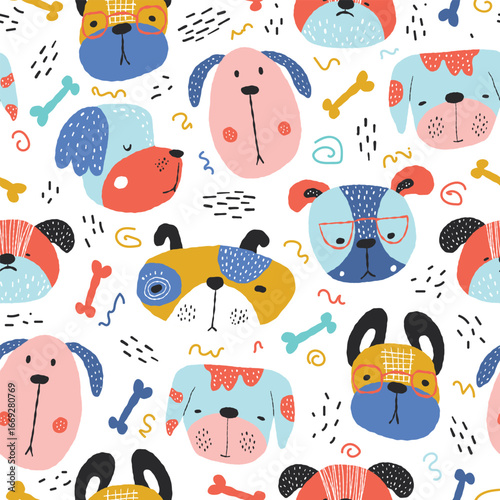 Seamless pattern featuring adorable dogs and bones in playful arrangements on a light background.