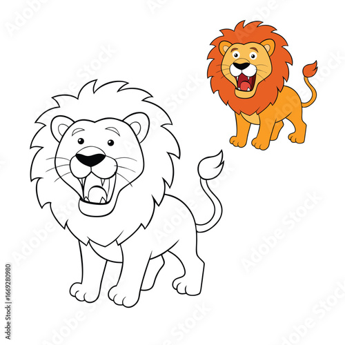 A bold cartoon lion stands with its mouth wide open, roaring fiercely. This fun coloring page captures the king of the jungle’s strength, energy, and wild spirit.
