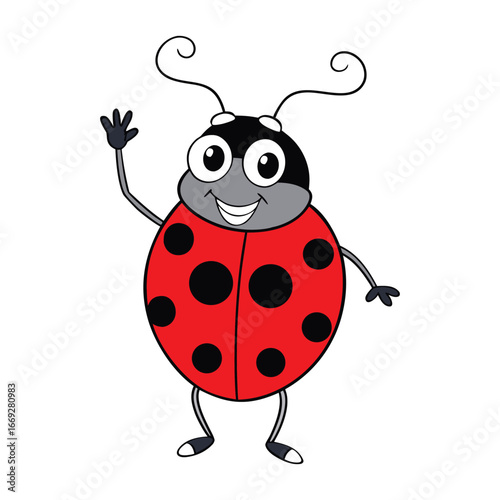 A cute cartoon ladybug with bright red wings and black spots is happily waving, spreading joy and friendliness with its cheerful expression and playful charm.
