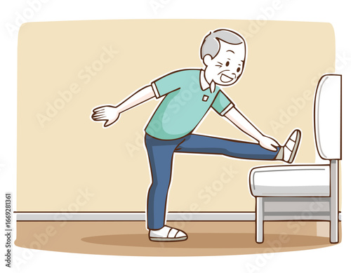 Senior elderly man balance physical therapy rehabilitation fitness exercise leg warm up routine using chair support