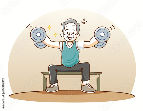 Elderly man lifting dumbbells senior fitness strength training workout exercise healthy active lifestyle physical therapy rehabilitation muscle building home exercise routine happy smiling