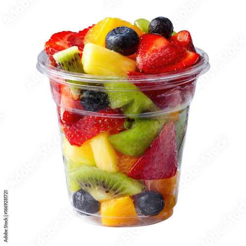 Freshly Cut Mixed Fruit Salad in Clear Plastic Takeaway Cup Isolated Transparent PNG
