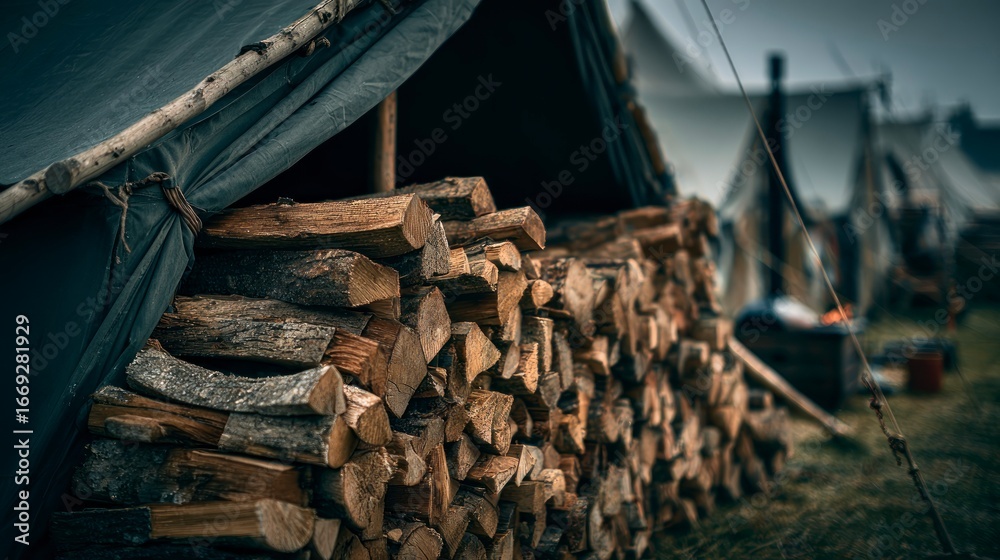 Obraz premium Stacked firewood under tarp