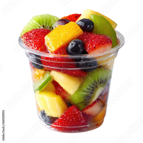 Freshly Cut Mixed Fruit Salad in Clear Plastic Takeaway Cup Isolated Transparent PNG