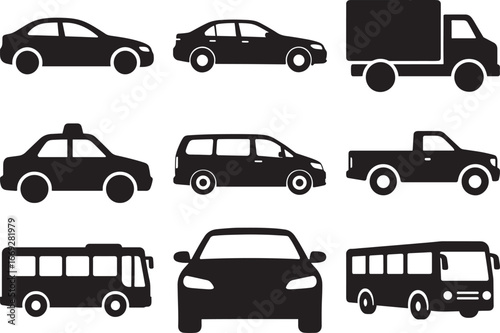 Car vehicles transport set in flat black silhouette vector design for automotive illustration pack
