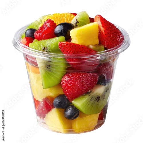 Freshly Cut Mixed Fruit Salad in Clear Plastic Takeaway Cup Isolated Transparent PNG