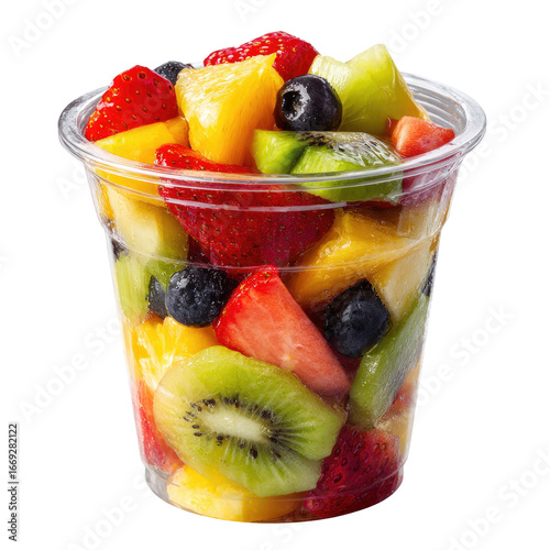 Freshly Cut Mixed Fruit Salad in Clear Plastic Takeaway Cup Isolated Transparent PNG