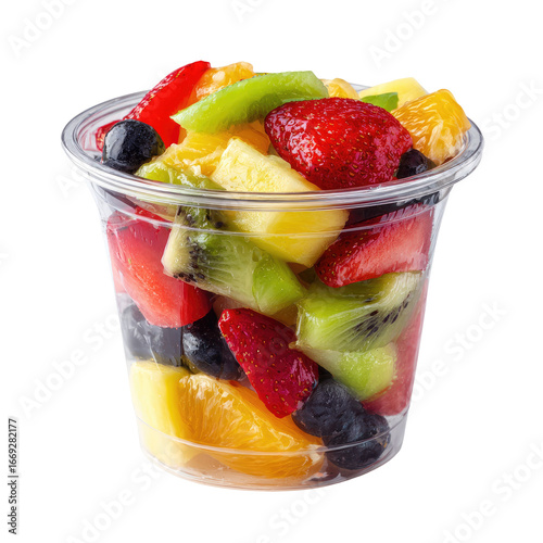 Freshly Cut Mixed Fruit Salad in Clear Plastic Takeaway Cup Isolated Transparent PNG