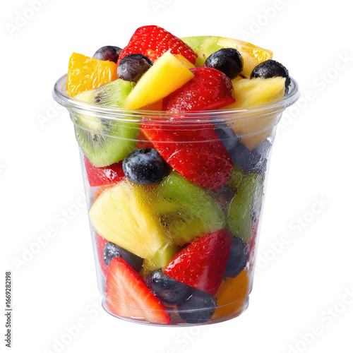 Freshly Cut Mixed Fruit Salad in Clear Plastic Takeaway Cup Isolated Transparent PNG