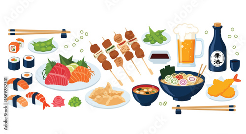 Vector of sushi, satay, and ramen. Japanese food. Flat vector illustration isolated on white.