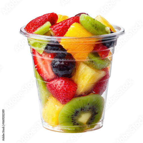 Freshly Cut Mixed Fruit Salad in Clear Plastic Takeaway Cup Isolated Transparent PNG