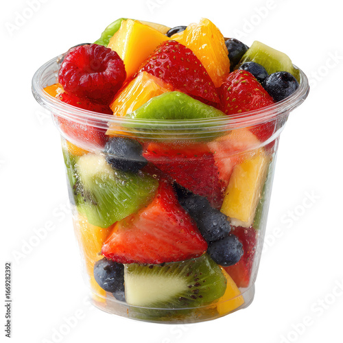 Freshly Cut Mixed Fruit Salad in Clear Plastic Takeaway Cup Isolated Transparent PNG