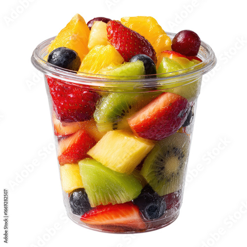 Freshly Cut Mixed Fruit Salad in Clear Plastic Takeaway Cup Isolated Transparent PNG