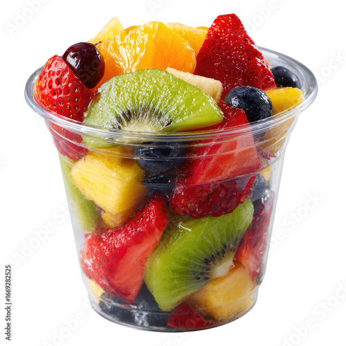 Freshly Cut Mixed Fruit Salad in Clear Plastic Takeaway Cup Isolated Transparent PNG