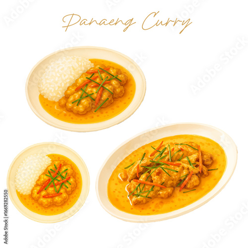 Panaeng Curry  with Chicken Watercolor Illustration Style