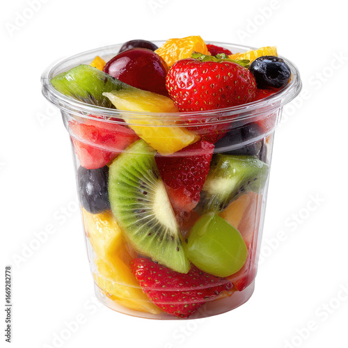 Freshly Cut Mixed Fruit Salad in Clear Plastic Takeaway Cup Isolated Transparent PNG