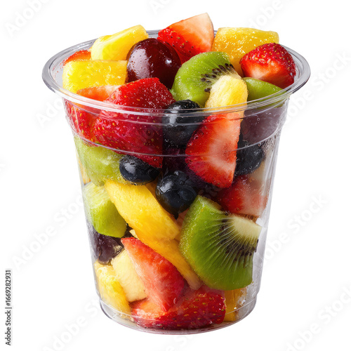 Freshly Cut Mixed Fruit Salad in Clear Plastic Takeaway Cup Isolated Transparent PNG