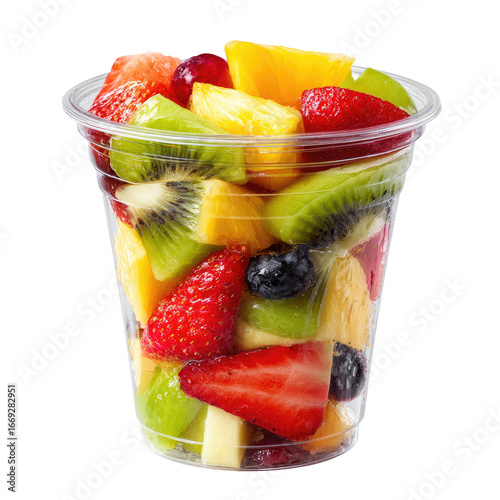 Freshly Cut Mixed Fruit Salad in Clear Plastic Takeaway Cup Isolated Transparent PNG