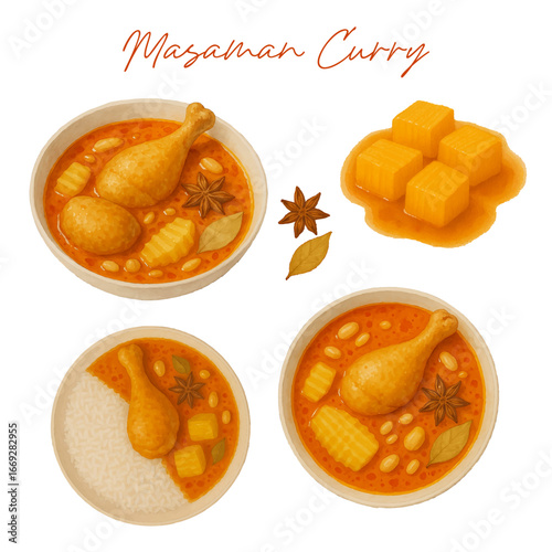 Massaman Curry with Chicken Drumstick Watercolor Illustration Style