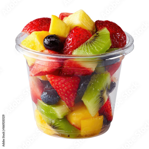 Freshly Cut Mixed Fruit Salad in Clear Plastic Takeaway Cup Isolated Transparent PNG